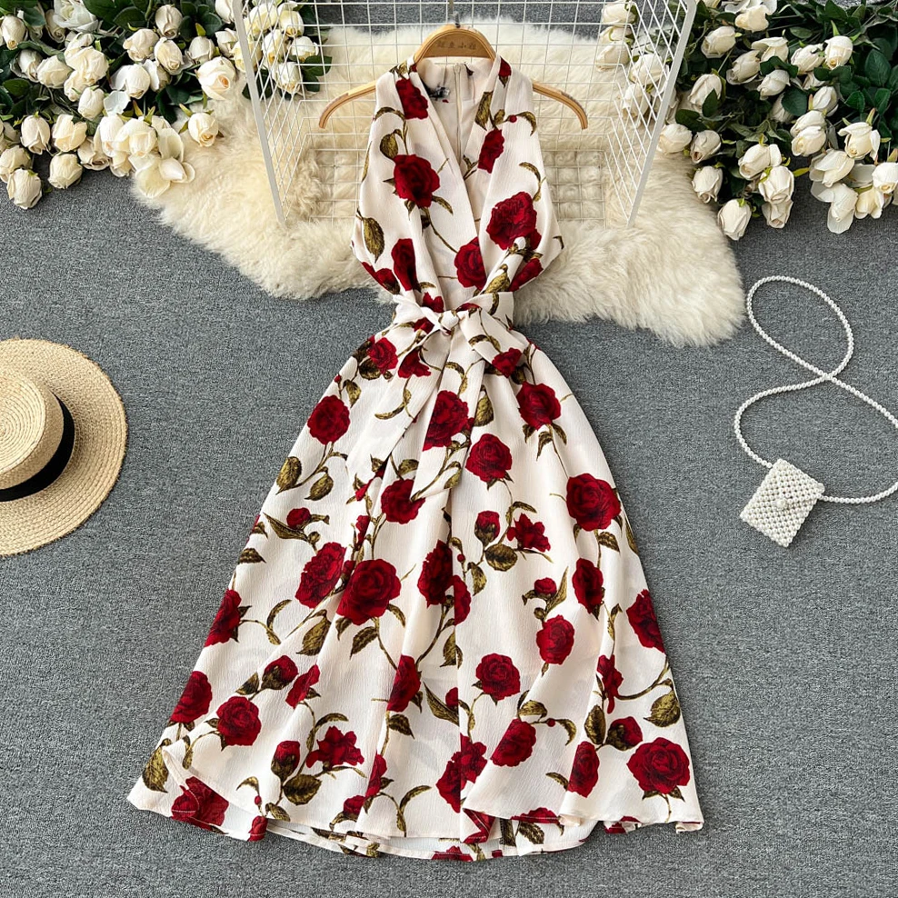 

Vintage Floral Print Women Dress with Sash Sleeveless V-neck Sexy Elegant Party Gowns 2022 New A-line Hight Waist Female Vestido