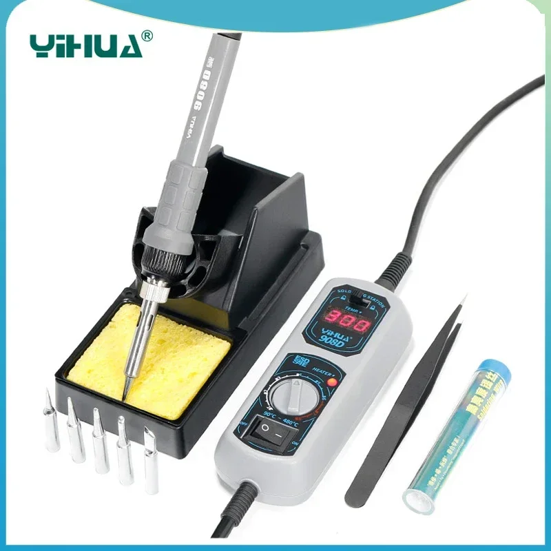 

Original 220V/110V YIHUA 908D Soldering Iron Temperature Adjustable Electric Welding Soldering Iron +5tips+stand+tweezers+tin