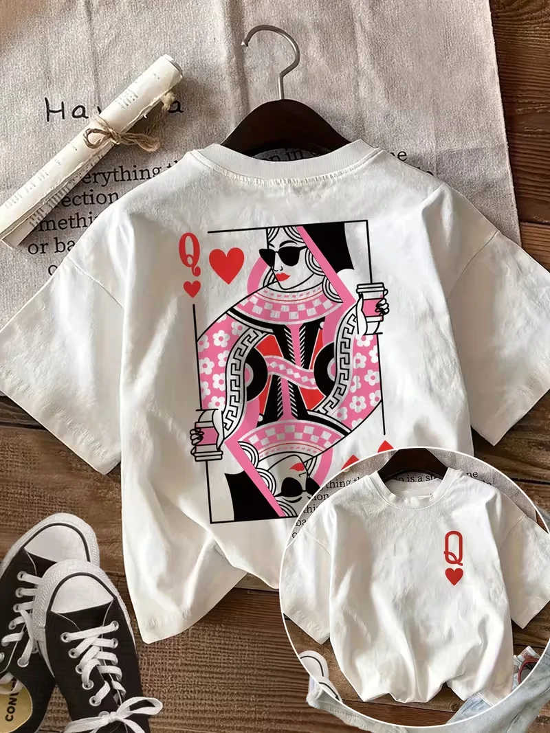 Queen of Hearts Retro Playing Card Graphic T-Shirt ,Casual Crew Neck Short Sleeve, Y2K Aesthetic Coffee Print Casual Daily Top