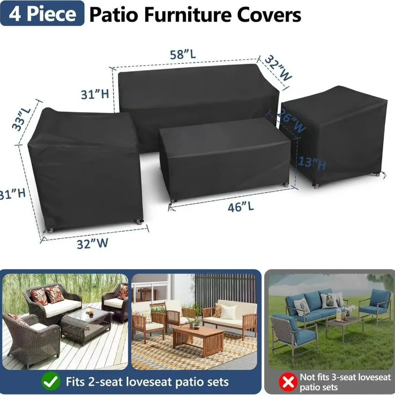 Waterproof 4PCS Outdoor Patio Furniture Cover Oxford Fabric UVDust Proof Buckle Adjustable Drawstring for Garden Rattan Sofa Set