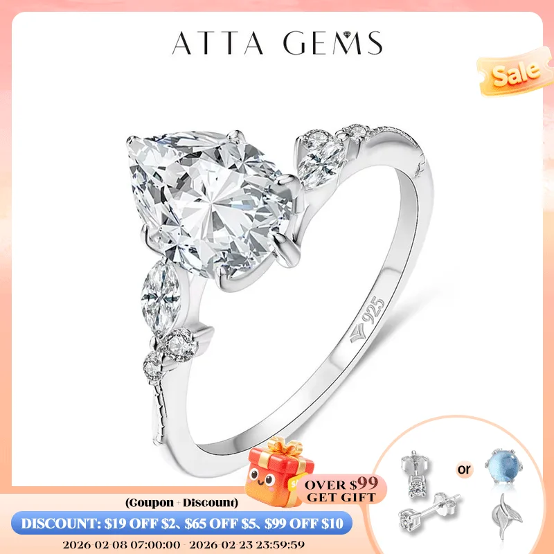 

ATTAGEMS Full Moissanite Ring 7*10mm 2.0CT DVVS1 Pear Shape S925 Sterling Silver For Women Engagement Bride Vintage Jewelry Gift