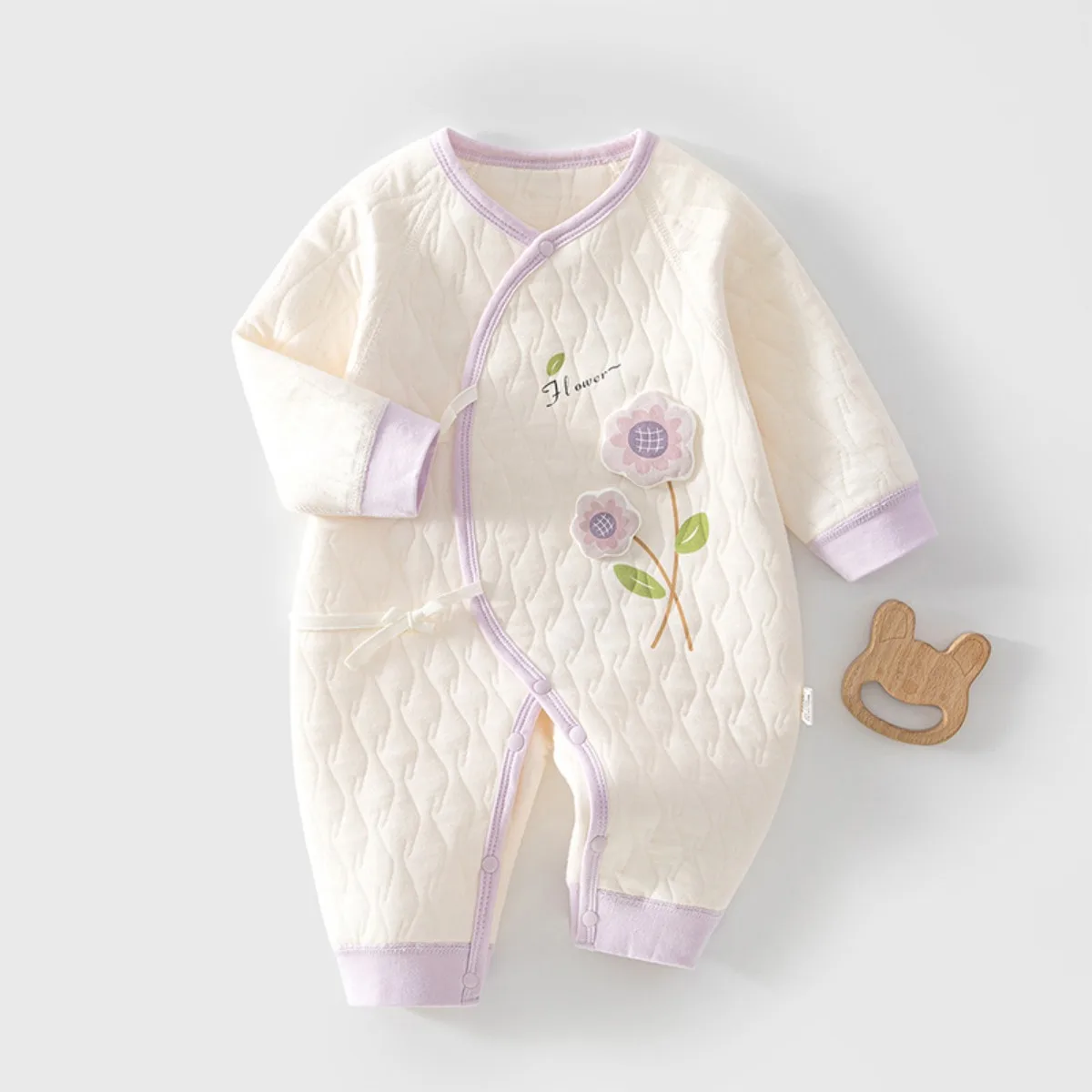 Lightly Quilted Baby Romper Side Snaps Long Sleeve Onesie Soft Skin-friendly Newborn Infant Jumpsuit Unisex 0-6M Fall Winter