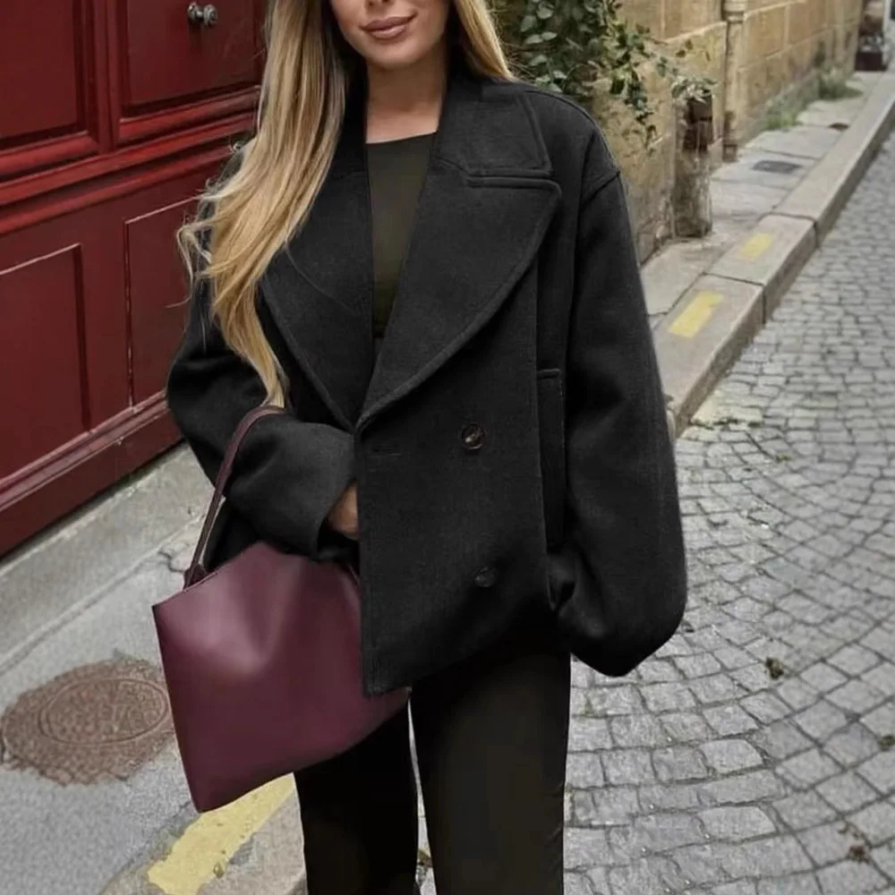 

Women's Early Autumn New Large Collar Design Soft Short Blazer Women Black Oversized Double Lapel Collar Winter Coat Casual FAKU