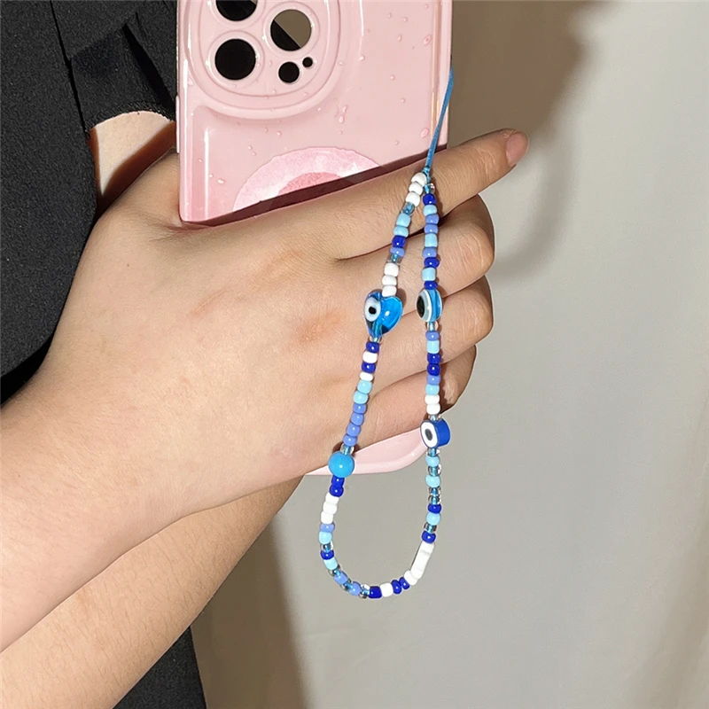 INS Blue Eyes Beaded Phone Strap Cute Charm Chain Flower Phone Lanyard Keychain Woman Girl Bag Pendant for iPhone Case