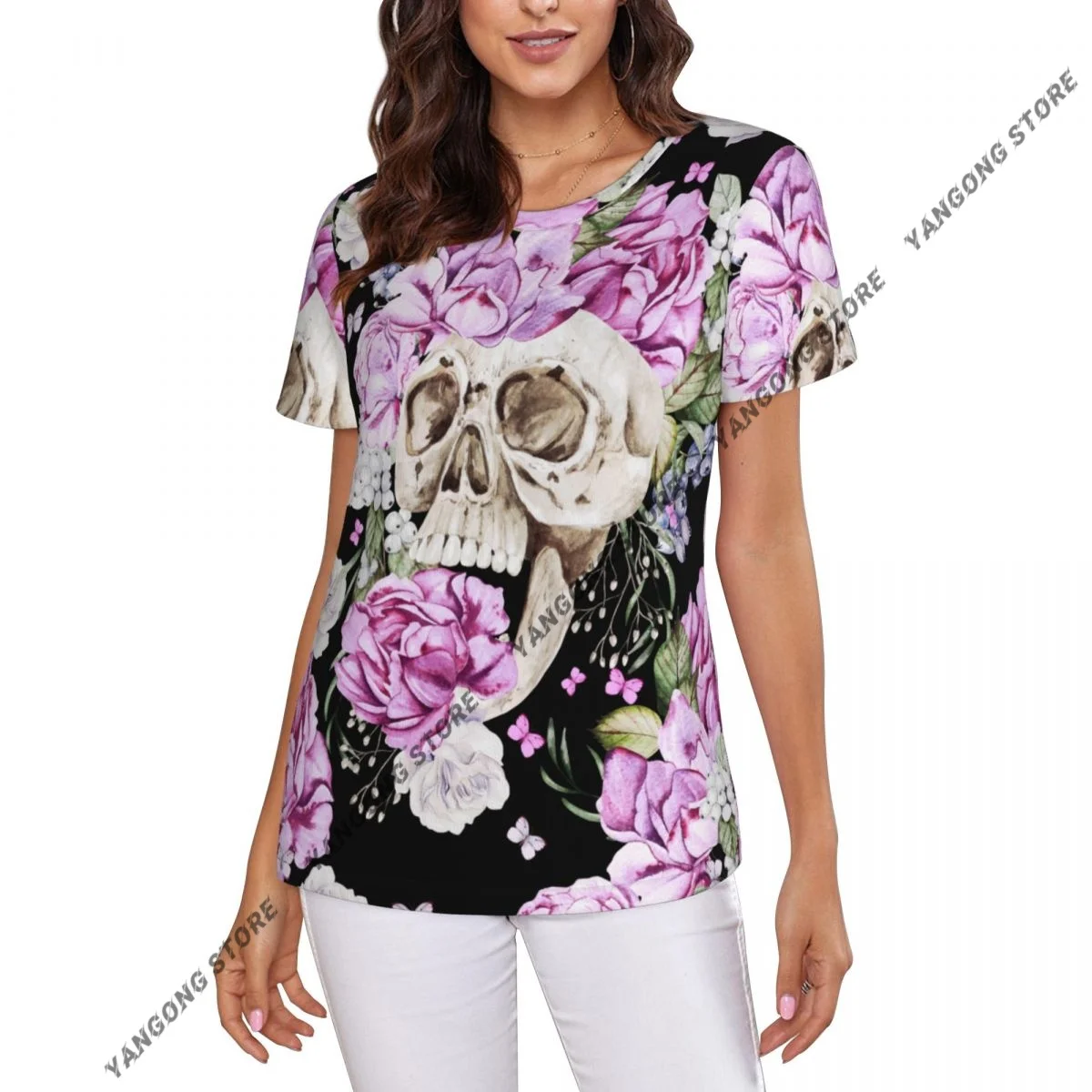 T Shirt Women Skull And Peony Roses Tee Shirt Casual Round Neck Short Sleeve Streetwear Female T-Shirt