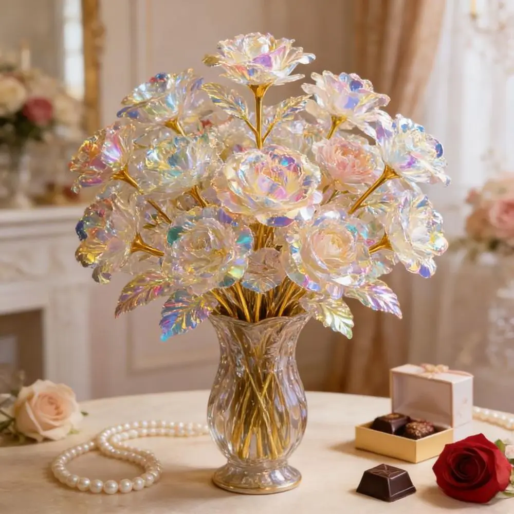 6 Piezas de Rosas Grandes con Hojas Doradas, Flores Artificiales Románticas Hechas a Mano con Cristales, Rosas Eternas Resistentes a la Decoloración