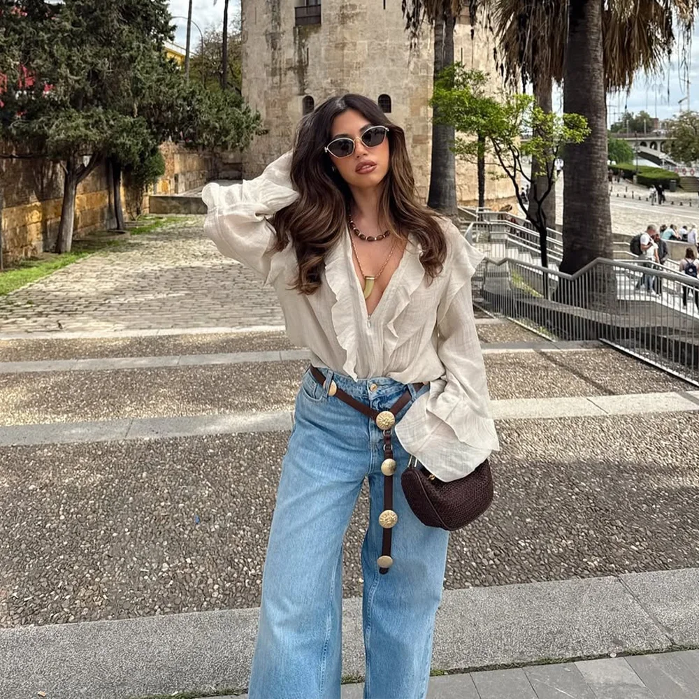 

2025 new women's casual and elegant design with European and American style retro ruffled beige V-neck long sleeved shirt top