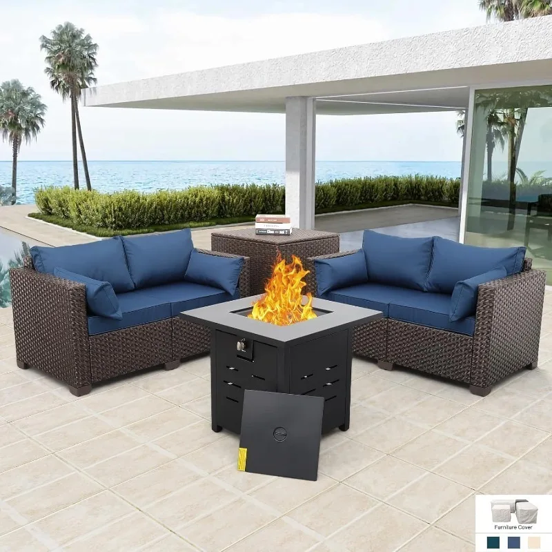 Furniture Set Patio Loveseat 50000 BTU Propane Fire Pit Storage Box with Non-Slip Cushions and Waterproof Covers, Navy Blue