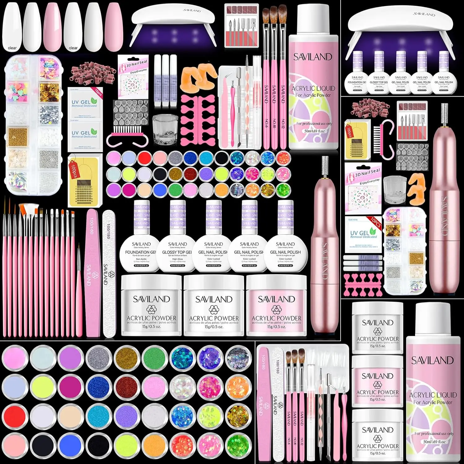 Acrylic Nail Kit: Hema-free Bio-based All-in-1 Nail Kit with Clear White Pink Acrylic Powder EMA Monomer Nail Drill Full Tools