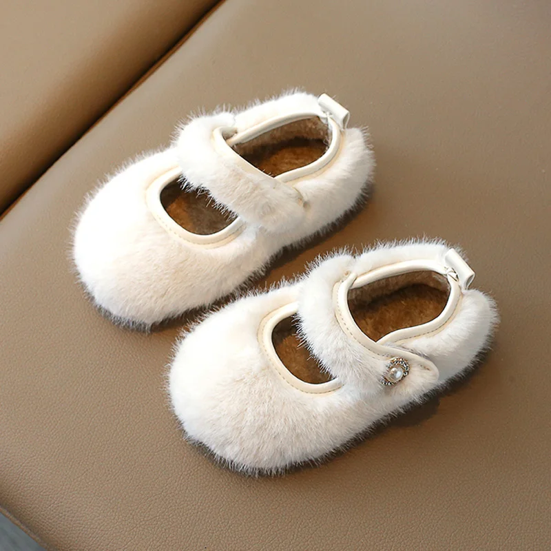 Luxury Manmade Mink Fur Ballet Flats for Baby Girls Winter Warm Loafers Kids Thick Plush Mary Jane Shoe With Rhinestone  Buckles