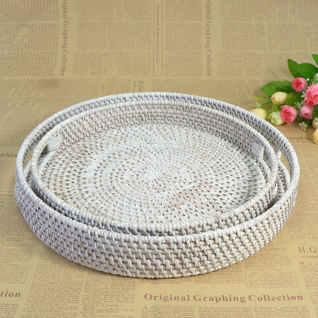 Storage Baskets, Round Rattan Coffee Table Tray with Handle, Suitable for Home and Kitchen, Decorative Weave, Elegant White