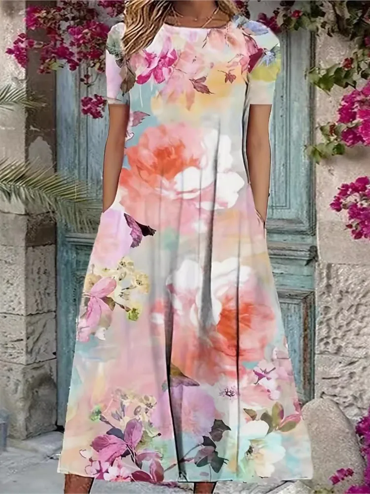 

Elegant Women's Midi Dress 2025 Summer Flower Printed Short Sleeve Dress Temperament Printed Dresses commuting Robe Vestidos