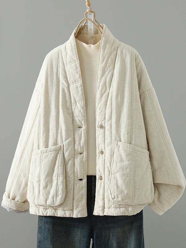 

Thiened Cotton Linen Chinese Sle Coat Warmth Guaranteed Faionable Commuter Sle V-Ne Long Sve Winter Outerwear