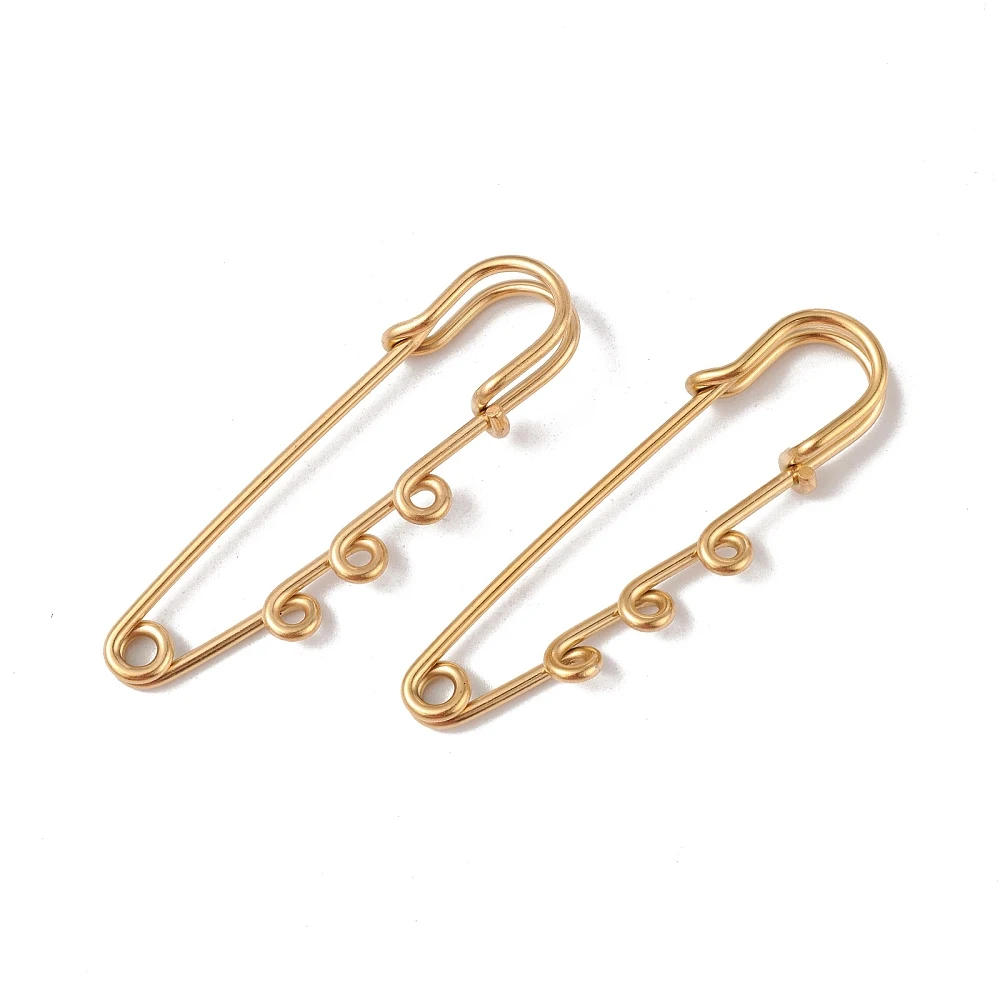 PandaHall 20pcs IP Plated 304 Stainless Steel Safety Pins, Triple Loop Brooch Findings 51x16x7mm, 1.3mm Pin for Lapel Pin Making