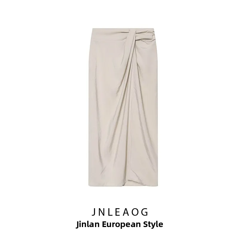 

Fashionable Pleated Wrap Scarf Midi Skirt Women's Clothing Spring New Style JNLEAOG Standard Fit French Style Polyester