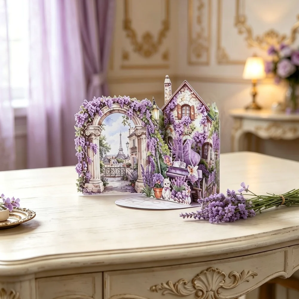 Exquisite 3D Greeting Card Wisteria Lavender Floral Design For Qian Birthday Holiday Festival Gift Note Paper Art