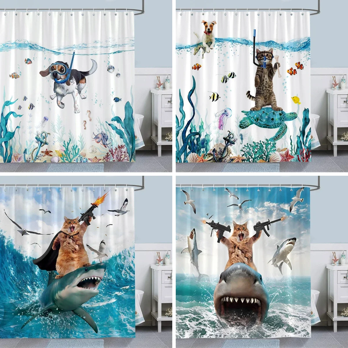 Funny Diving Cat Shower Curtain Blue Ocean Cute Shark Nautical Turtle Anchor Coral Kids Bathroom Curtain Decoration with Hooks