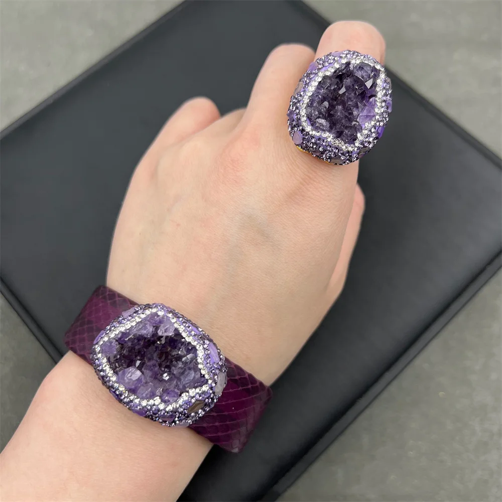 HoUnique Natural Amethyst Crystal Jewelry Sets for Women Leather Tourmaline Inlaid Rhinestone Quartz Necklace Ring Cuff Bracelet