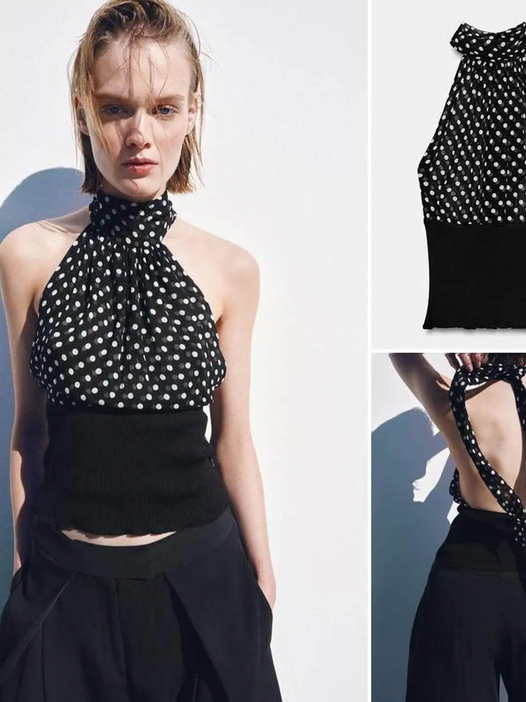 Summer Polka Dot  Knot Neck Button Splice Detail Shoulder Bared Hanging Neck Top Women's Slim Fit Short Length Vest