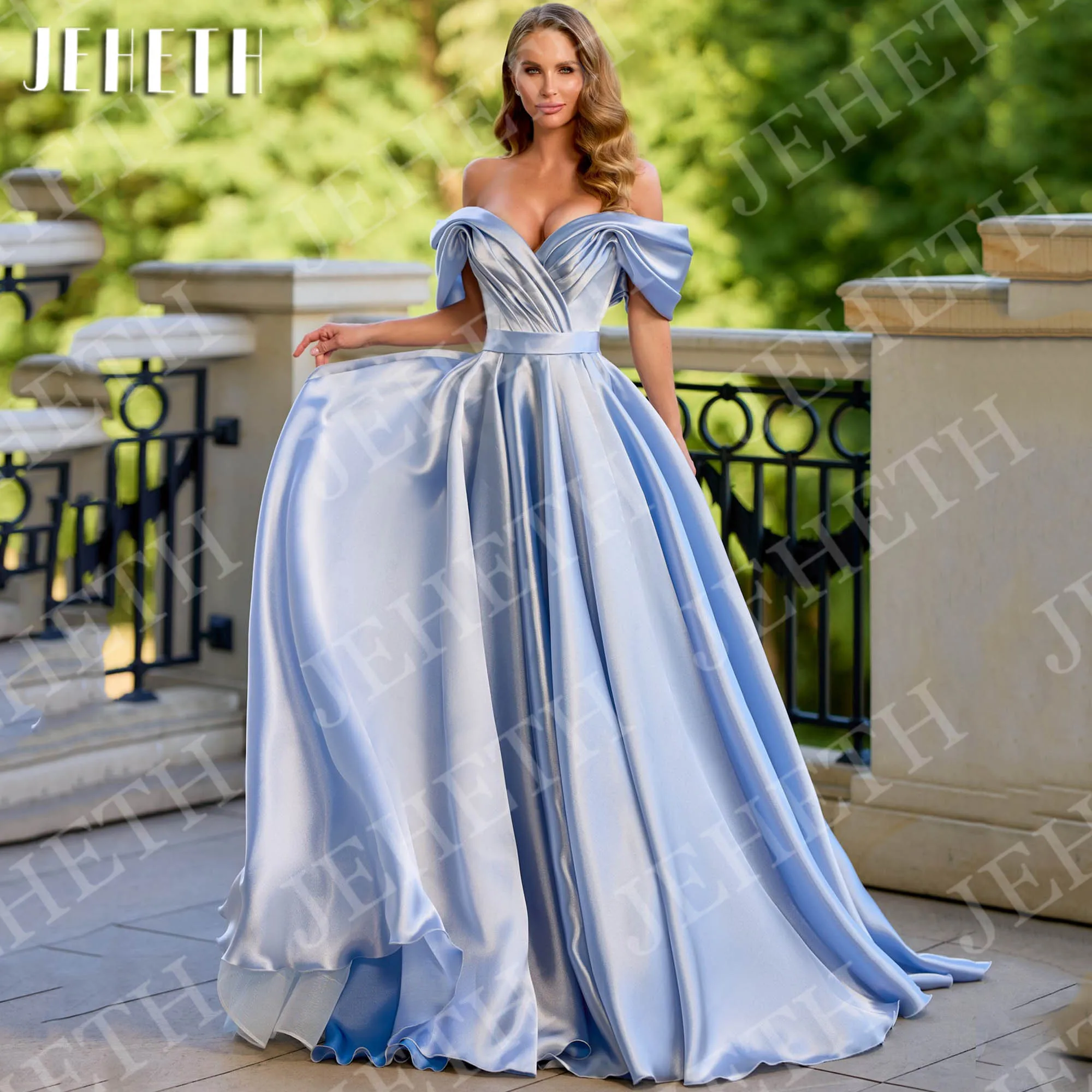 

JEHETH Evening Dresses Off the Shoulder Prom Gowns Customized Blue Satin V Neck A Line Party Dress vestidos de noche elegantes