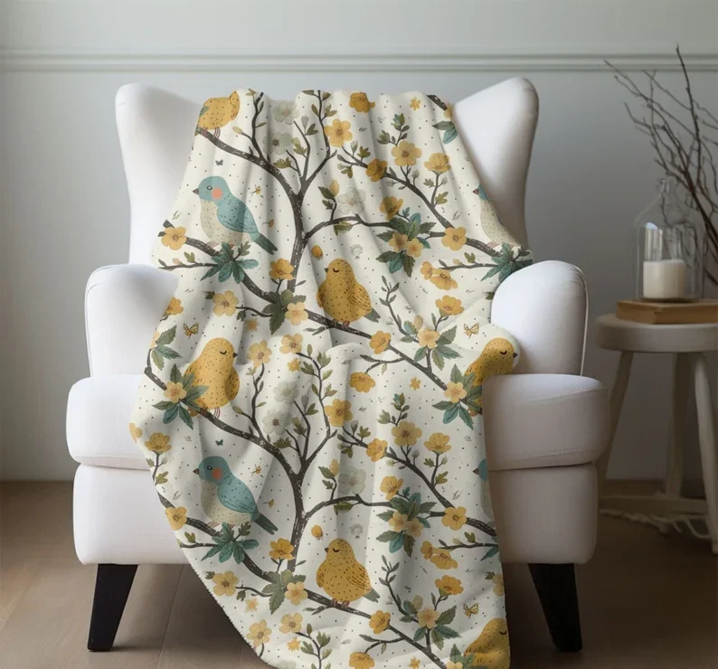 Spring Bird Throw Blanket Bird Watchers Gift Lovers Blue Yellow Bird Fleece Lap Blanket Mother's Day Gift for Christmas Present