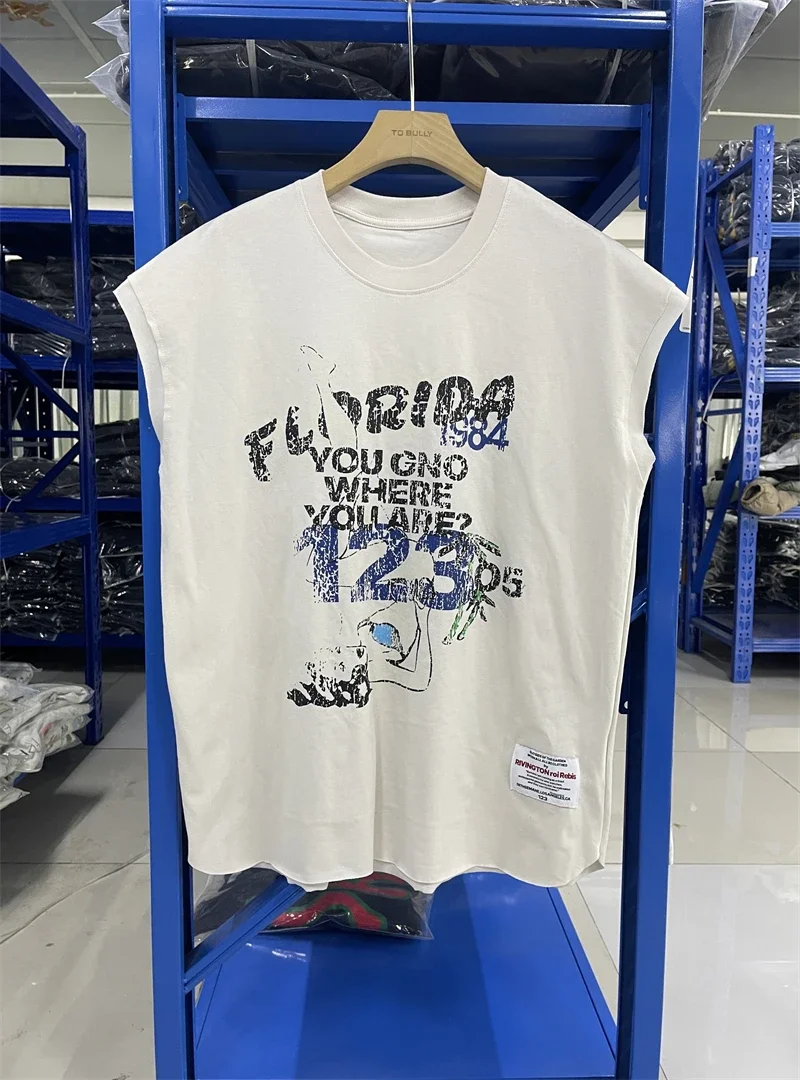 RRR123 Capsule Series Portrait Slogan Graffiti Shoulder Tank Top Vintage White High Street Casual Loose Cotton Hip Hop Rock Vest