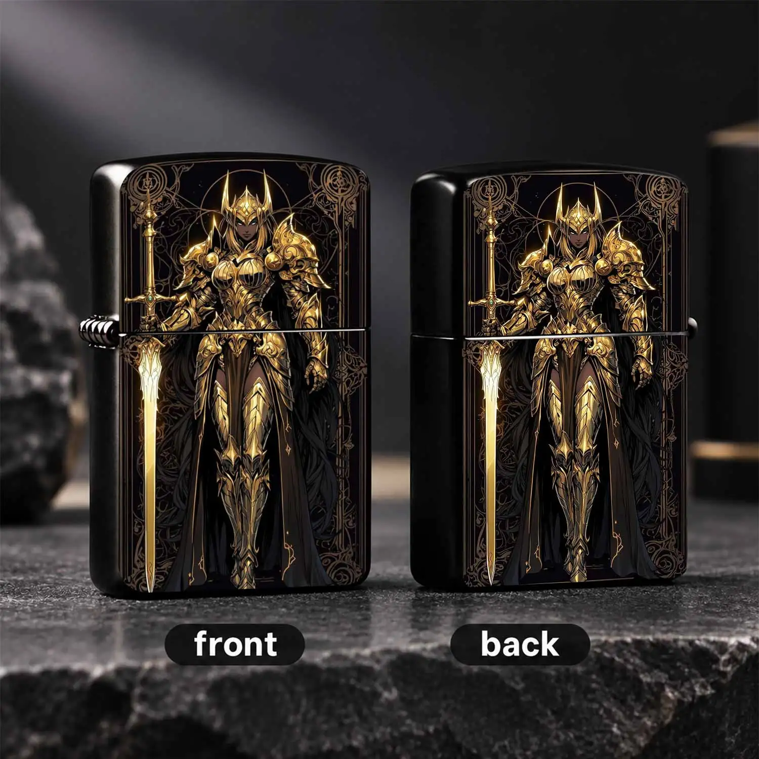 Luxury Golden Holy Armor Female Knight Themed Vintage Art Nouveau BLACK Gold Engraved Non-slip Wear-resistant Collectible Desktop Ornament Ideal Unique Practical Gift for Men Comrades Hobbyists Festival Daily Use A fun and humorous lighter