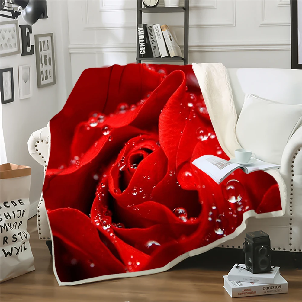 

HX Fresh Floral Blankets Red Rose Petal Dew Art 3D Graphic Throw Blankets for Beds Sofa Nap Double Layer Quilts Portable