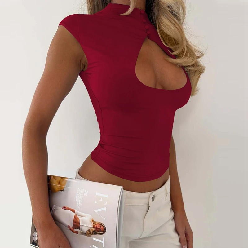 Hugcitar Modisches, einfarbiges, kurzärmliges, mit Knöpfen und Aussparungen verziertes, sexy Crop-Tanktop für den Sommer – Damen-Outfit für Streetwear, Party, Club, Y2K – Detail 23