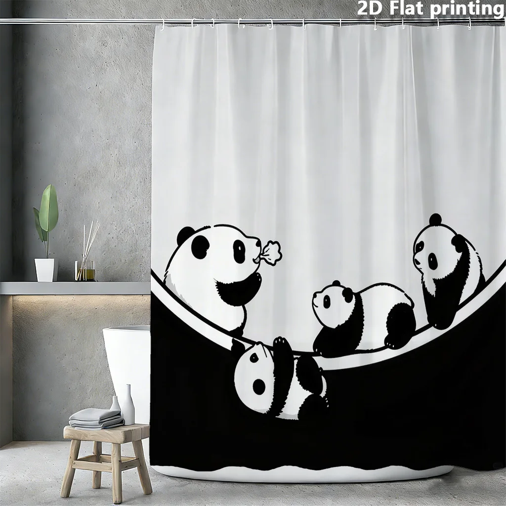 

Занавеска для душа с изображением семьи панд, 1 шт., полиэстер, 2D плоская печать, 70.8x70.8 дюймов, черно-белая иллюстрация, с люверсами
