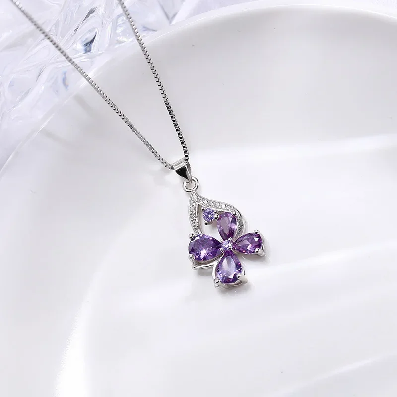 Jewelry Amethyst Shamrock Pendant S925 Sterling Silver Necklace