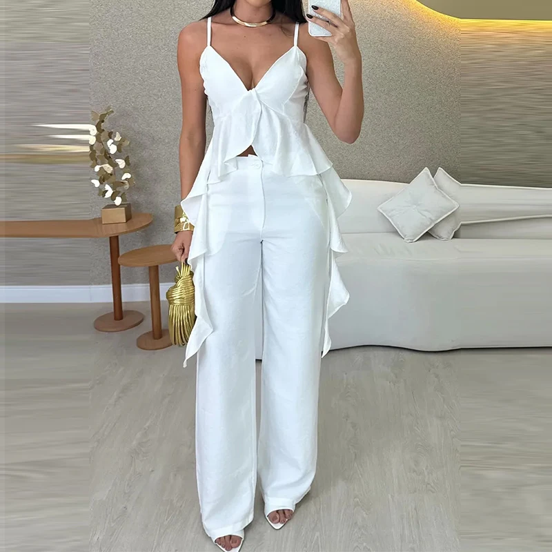 

Красивый топ с рюшами и нерегулярными бретелями, женский комплект из 2 предметов, элегантный однотонный пригородный длинный брючный костюм, летний уличный прямой костюм без рукавов O