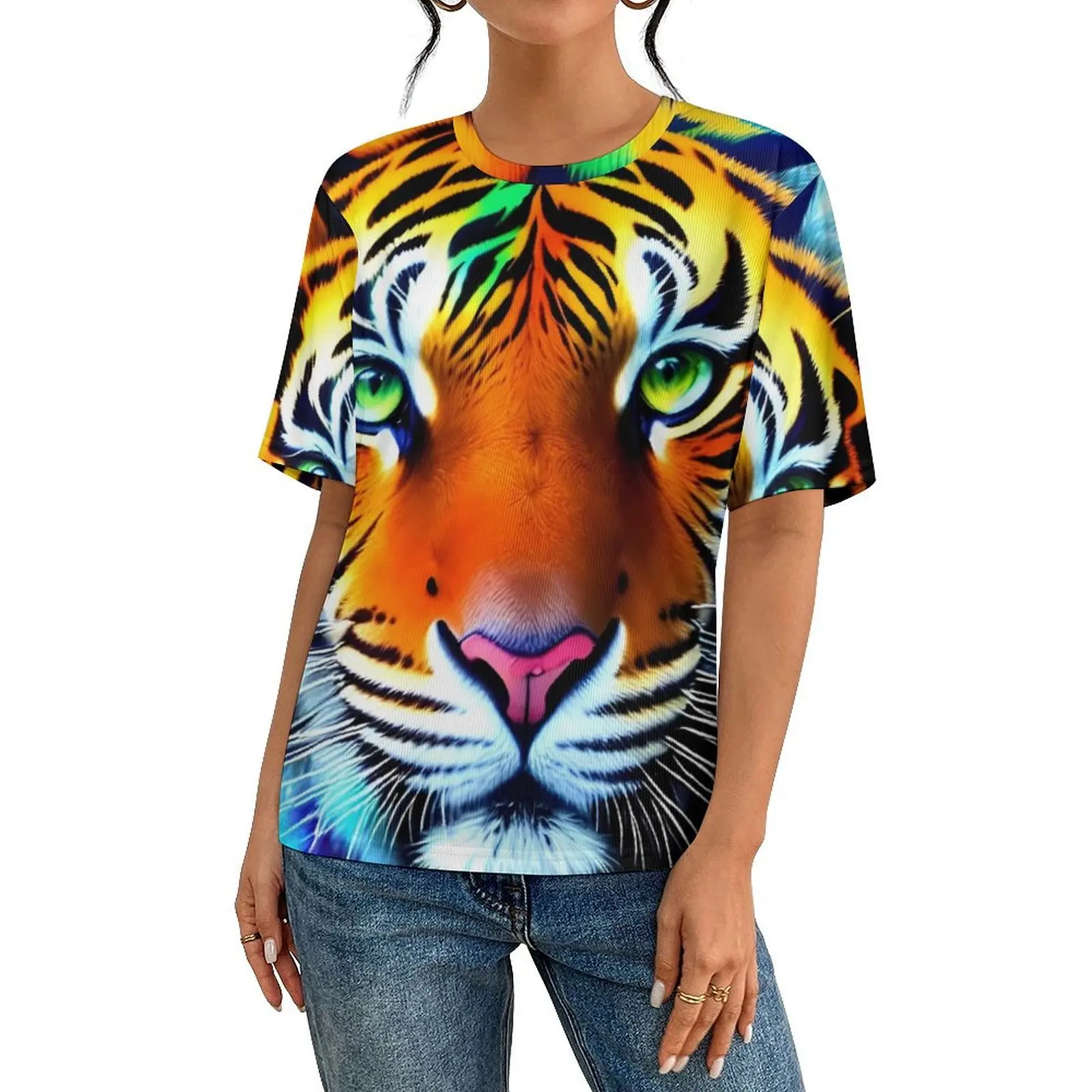 Caspian Tiger T Shirt For Couple Colorful Rainbow O Neck T Shirts Beach Vintage Clothes Short Sleeve Awesome Oversized Tees Gift