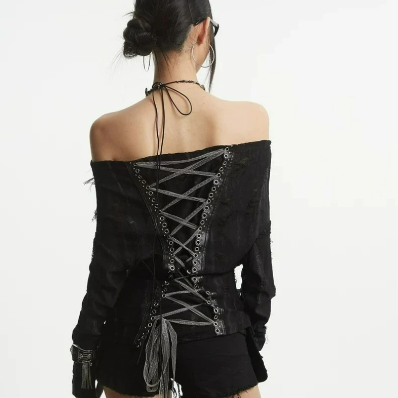 2026 Spring/Autumn New Fashion A Slimming Top with Straps Punk Design Pitted Apricot One-shoulder Long-sleeved T-shirt for Women