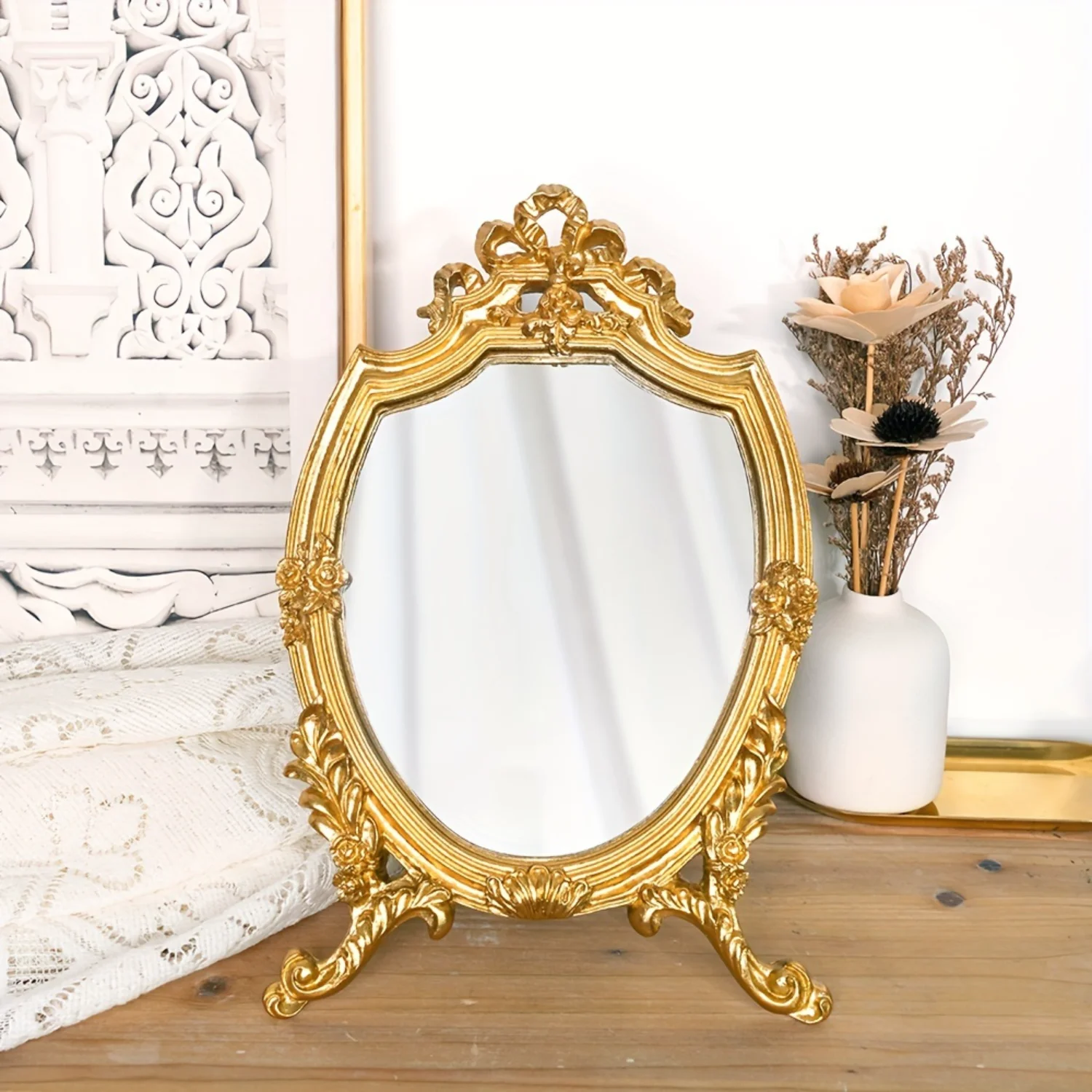 Baroque Style Gold Ornate Vanity Mirror - Vintage French Carved Bow Relief Makeup Mirror, Luxury Decor Accent