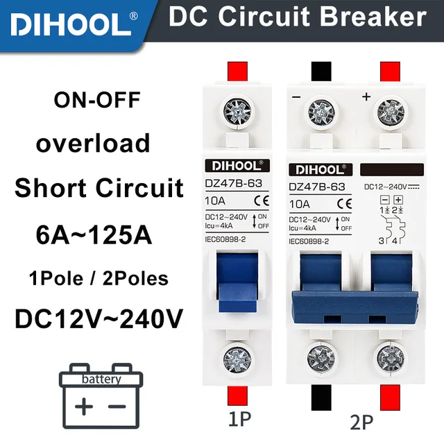 Wyłącznik DC DC12V 24V 48V 36V 72V MCB do akumulatorów PV Solar Protector DZ47B 16A 40A 125A Pozytywny ujemny wyłącznik Izolator