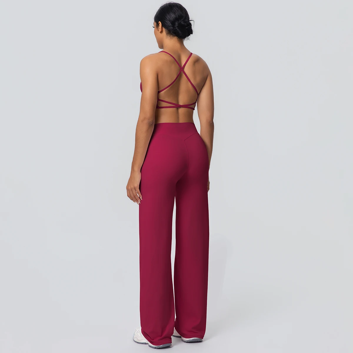 여성용 짐 스포츠 요가 세트 2종, 루즈핏 하이웨이스트 와이드 레그 팬츠, 솔리드 컬러 섹시 백리스 크로스 브라, 통기성 요가 세트