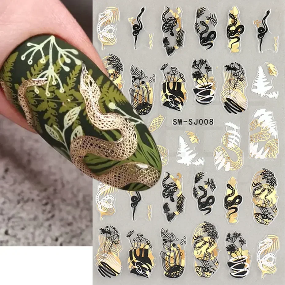 3D Laser Black Gold Snake Nail Sticker Leaf Abstract Face Graffiti Tattoo Manicure Decoration Self Adhesive Nail Sliders BESW-SJ