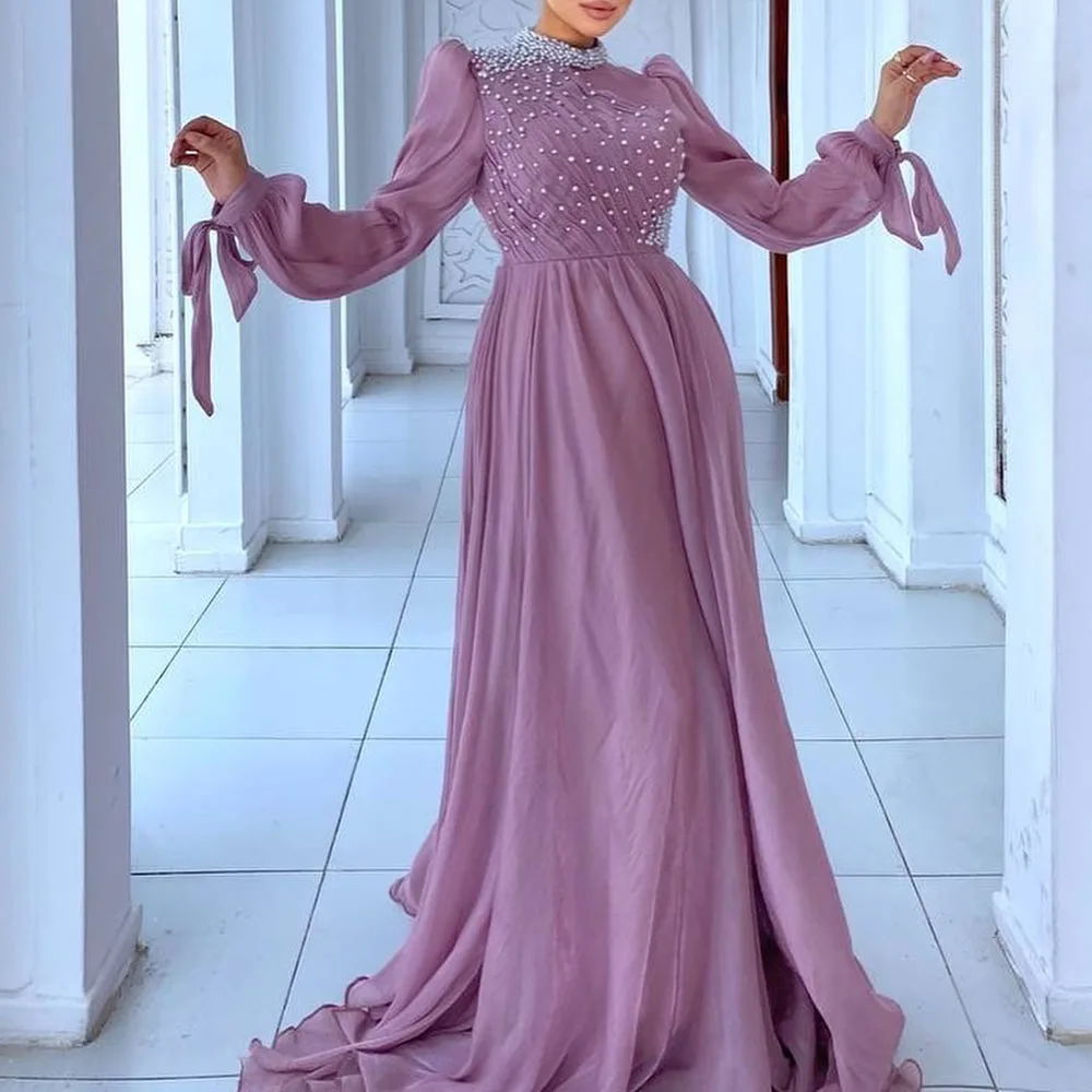 

Customized A-Line Prom Dresses Floor-Length High-Neck Full Sleeve Evening Gown Fashion Beading Pleat Simple Draped Party Gown
