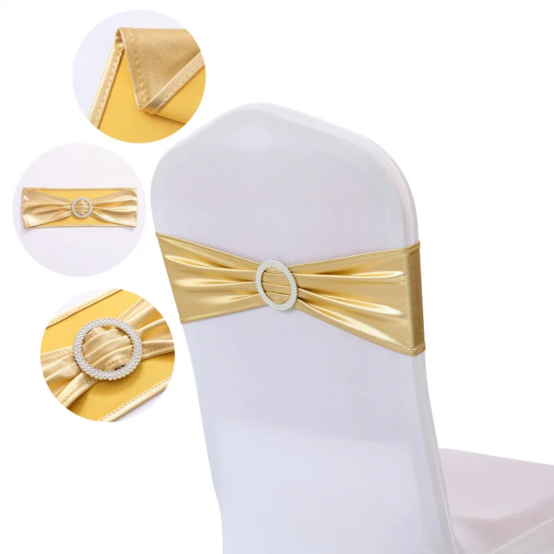 Wedding decoration    Wedding Reception Elastic bow ribbon No need to tie the chair back flowers Gold-embossed straps
