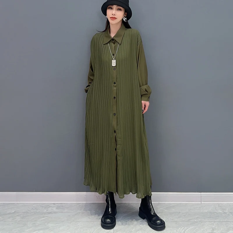 Army Green Long Sleeve New Autumn Woman Casual Pleated Shirt Dress Loose Fit Tide Big Size Dark Fashion Large Dress Robe JJXD863