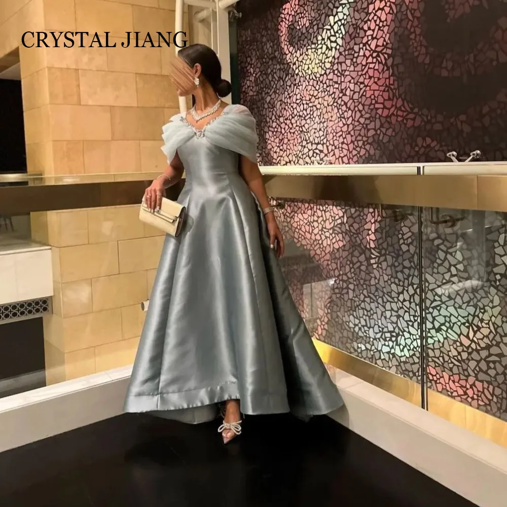 Elegant Off the Shoulder Satin Evening Dresses Short Tulle Sleeves A Line Ankle Length فساتين سهرة Party Gowns for Women