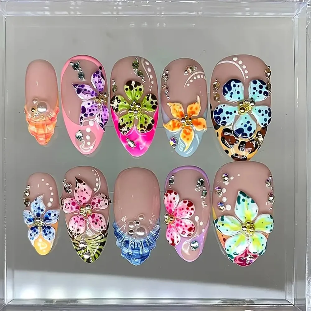 Décoration d'ongles mixte de fleurs hawaïennes, 60 pièces, dégradé 3D, fleur de cerisier, cristal, cinq pétales, imprimé léopard, fleur de lys, breloques pour ongles