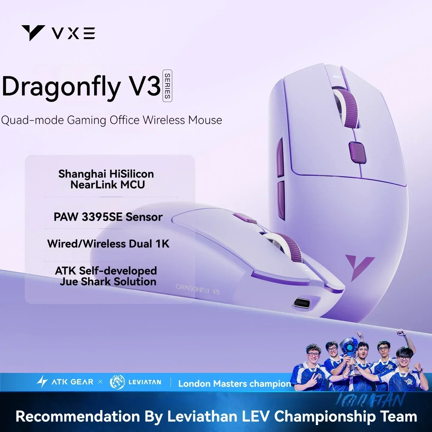 ATK VXE Dragonfly V3 PRO 4-Mode Wireless Gaming Mouse PAW3395SE 52g Ultralight Ergonomic 1KHz Rechargeable Gamer Pro for PC FPS