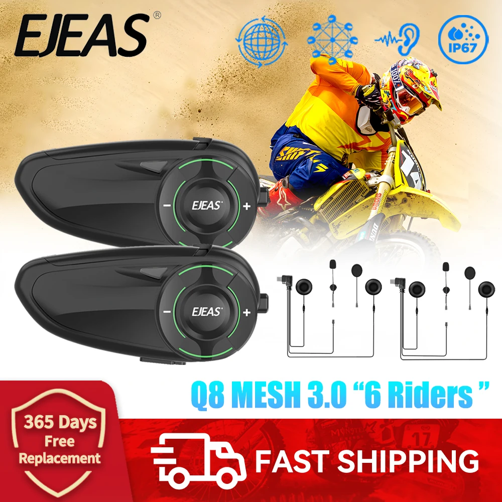 EJEAS Q8 Motorcycle Mesh3.0 Intercom Walkie Talkie Bluetooth5.1 Interphone Headset for 6 Riders Support Channel Switching IP67