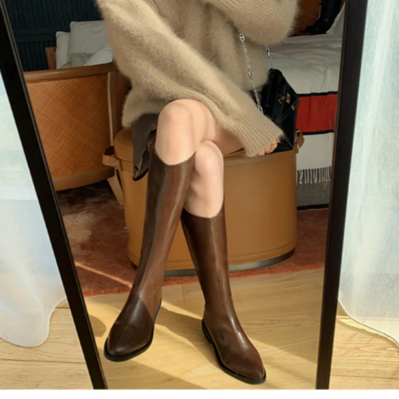 Winter New Pointy Mid-heel Knee-high Boots Back Zipper Solid Color Heightening Car Stitch and Velvet Fashion Elegant High Boots