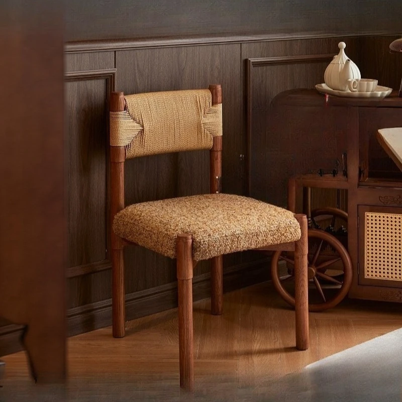 

Solid wood dining chair French retro rope braided backrest soft bag leisure single chair home restaurant study balcony chair