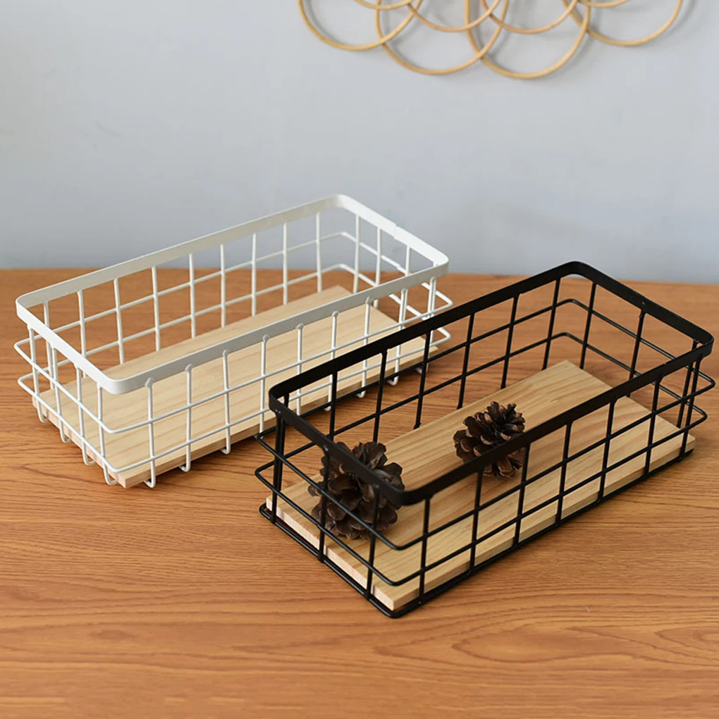 Metal Wire Storage Basket Wood Base Wrought Iron Organizer Hanging Home Cosmetics Finishing Wrought Iron Storage Basket