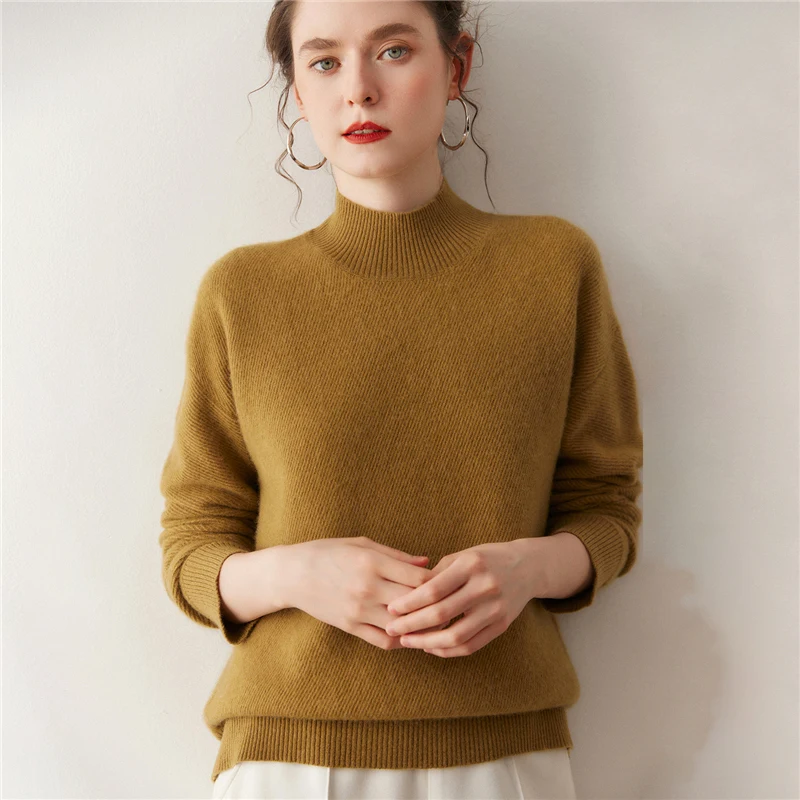 Casual Loose Mock Neck 100% Cashmere Knitted Fashion Soft Minimalist Hem Design Women's Pullovers Thick Gentle Sweater