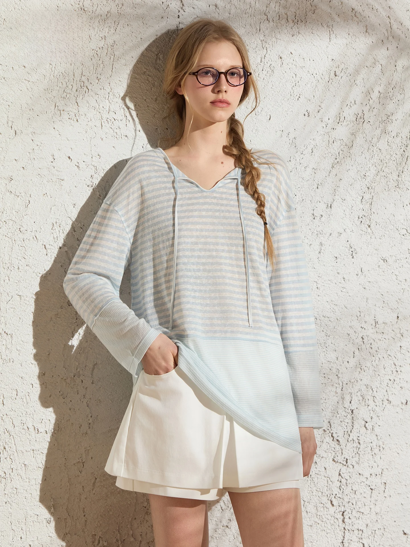 

BobbyBecky Vintage Versatile Shoulder Drop Sun Protection T-Shirt Navy Stripe Knitted Cover up Loose Fit Summer Women's...
